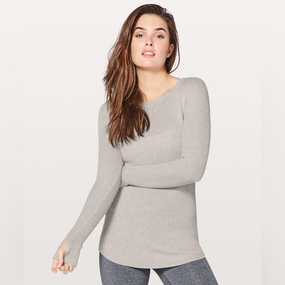 Lululemon Cabin Yogi Long Sleeve White / Heathered Light Grey W3G52S Size 4 - Picture 3 of 12